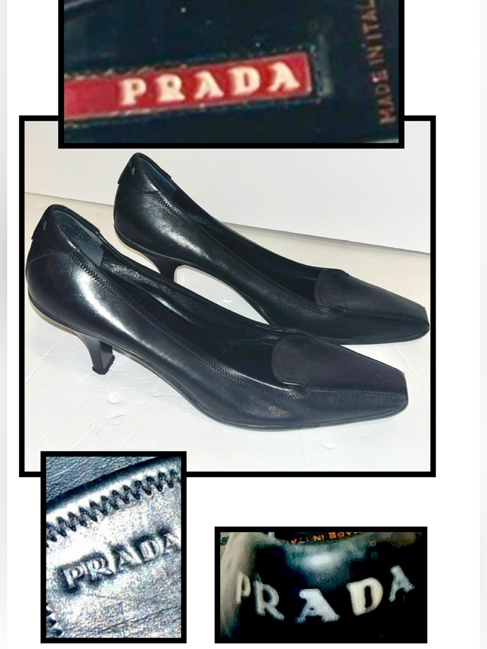 Prada Black logo squared Pointy Toe Pumps Heels Career Business Shoes Sz 9.5